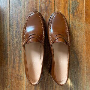 New J.Crew Spazzolato Classic Penny Tab Leather Loafer in Rich Caramel, Size 10